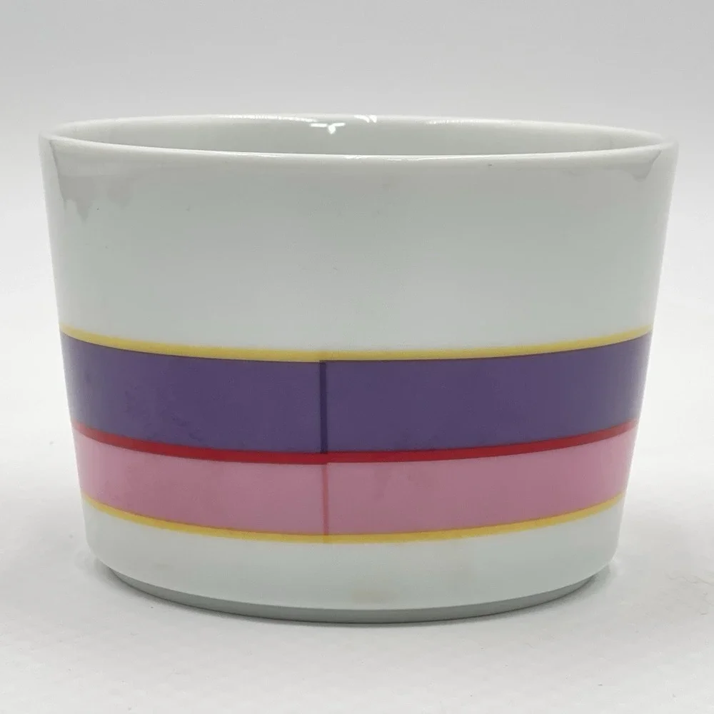 Vintage 1980s FTDA Ceramic Cylinder Vase Purple Pink White Stripes